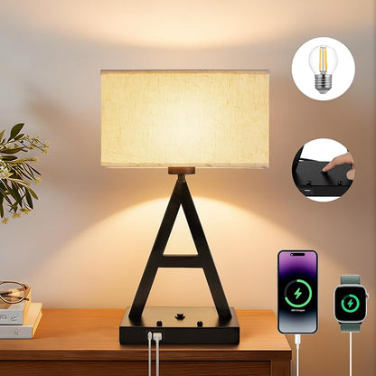 Button Control Table Lamp, Black A-Shape: 3-Way Dimmable Desk Lamp with USB C & USB A Ports, Fabric Shade Bedside Lamp with Phone Stand for Office, Bedroom, Living Room, Includes LED Bulb