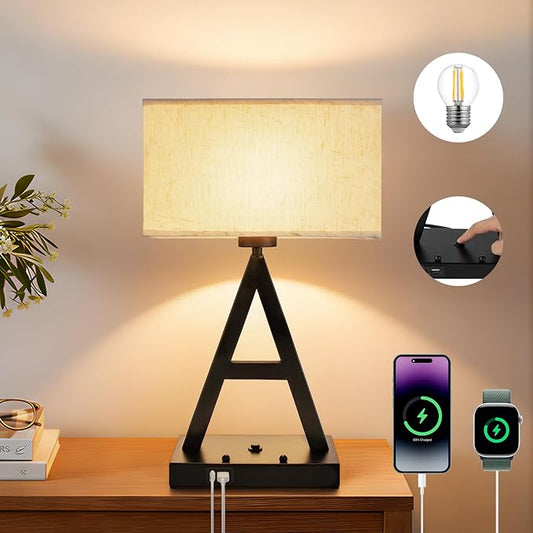 Button Control Table Lamp, Black A-Shape: 3-Way Dimmable Desk Lamp with USB C & USB A Ports, Fabric Shade Bedside Lamp with Phone Stand for Office, Bedroom, Living Room, Includes LED Bulb
