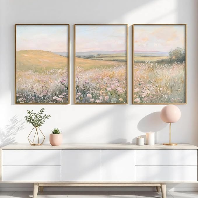 3Pcs Floral Landscape Canvas Wall Art French Country Painting Picture Wall Decor Vintage Country Wildflower Print Farmhouse Poster Artwork for Office Living Room Bedroom Home Decoration Unframed