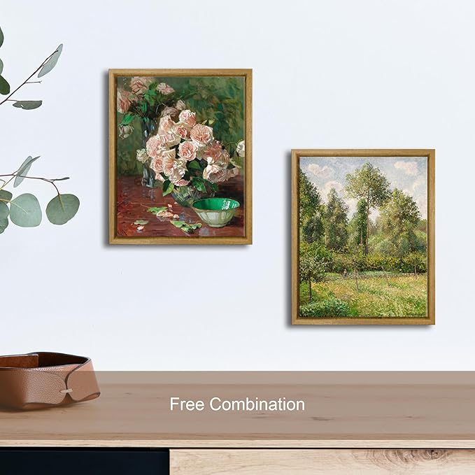 Pyradecor Framed Canvas Wall Art Vintage Living Room Decor White Roses Canvas Prints Mid Century Wall Art for Bedroom Office Farm House Kitchen Decorations
