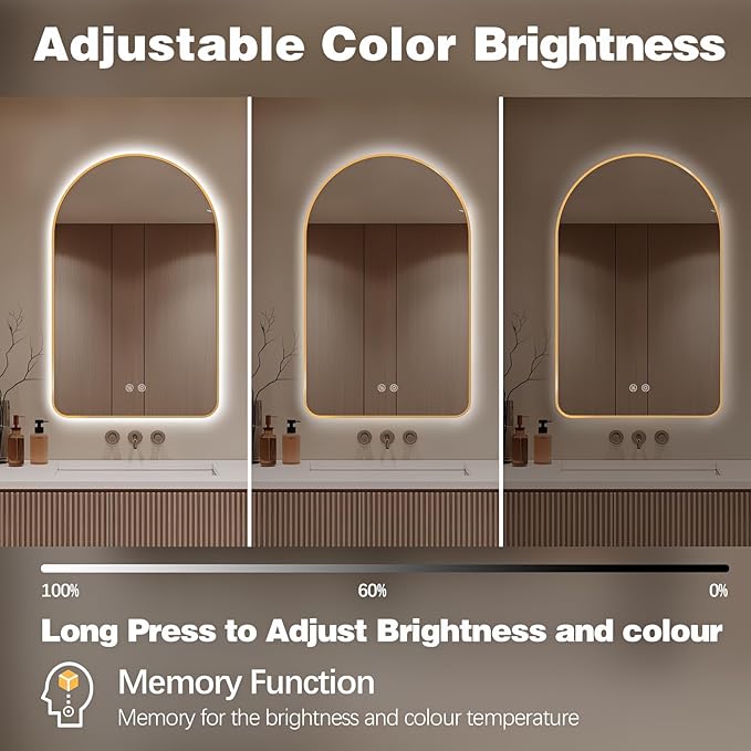 Niccy Arched LED Lighted Bathroom Mirror, 48x30 Inch Backlit Vanity Bathroom Mirror with Lights Brushed Gold Framed Wall Mounted Mirrors with 3 Color Shatterproof Arch Smart Fog Free Mirror