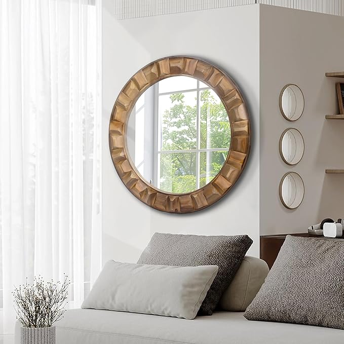 30 Inch Dark Solid Wood Round Wall Mirror, Brown Wooden Decorative Circle Mirror for Bathroom, Bedroom, Living Room, Entryway, Hallway, or Foyer