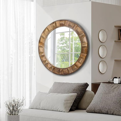 30 Inch Dark Solid Wood Round Wall Mirror, Brown Wooden Decorative Circle Mirror for Bathroom, Bedroom, Living Room, Entryway, Hallway, or Foyer