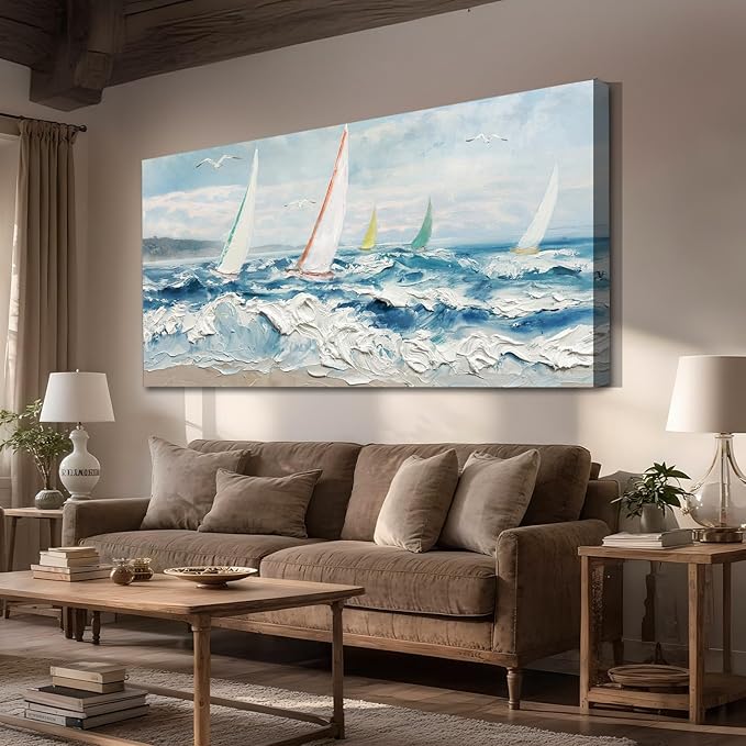 Enartly Wave 3D Textured Ocean Wall Art for Living Room Blue Seascape Sailboat Canvas Coastal Painting Artwork for Bedroom Bathroom Home Office Wall Decor, Large 40"x20"