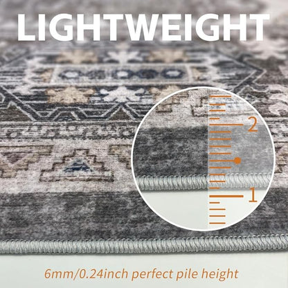 8x10 Area Rugs Grey Brown Washable Rug for Living Room, Dining Room, Bedroom, Large Carpets, Non Slip & Non-Shedding Low Pile Vintage Print Rug for Home Office Decor