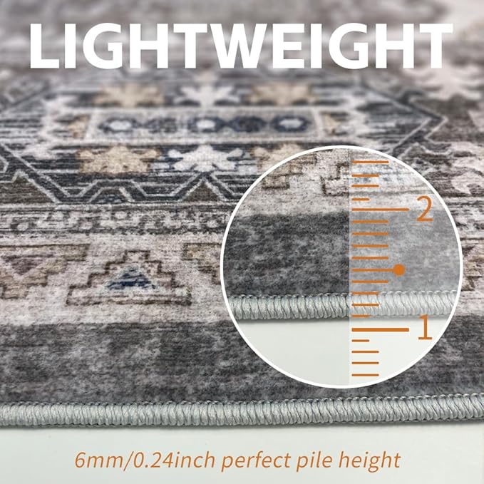 9x12 Area Rugs Grey Brown Washable Rug for Living Room, Dining Room, Bedroom, Large Carpets, Non Slip & Non-Shedding Low Pile Vintage Print Rug for Home Office Decor