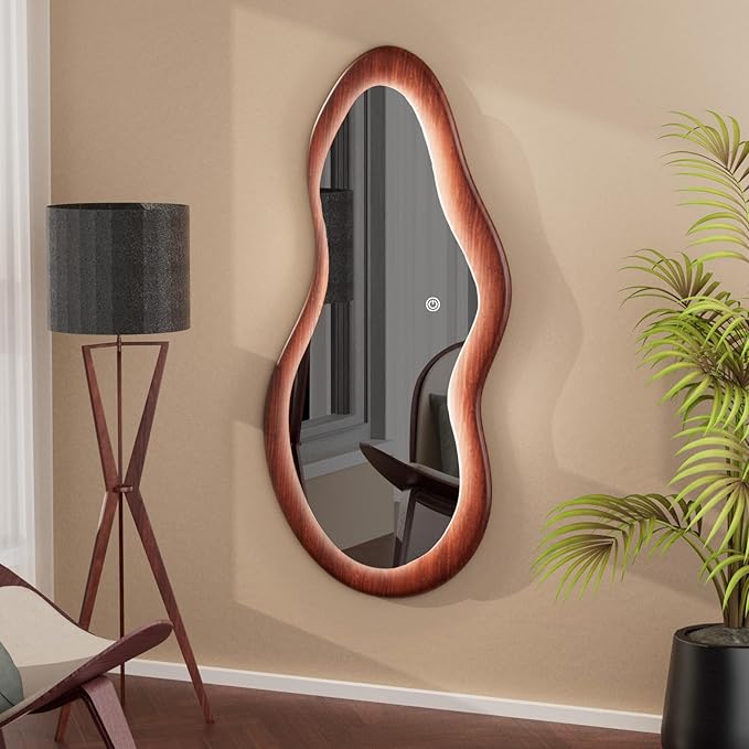 48"x 24" LED Wood Full Length Mirror with Lights Irregular Wavy Full Body Mirror Shatter-Proof Hanging/Leaning Wall Mounted Walnut Wooden Framed for Dressing Bedroom Living Room