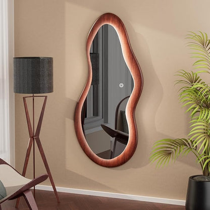 48"x 24" LED Wood Full Length Mirror with Lights Irregular Wavy Full Body Mirror Shatter-Proof Hanging/Leaning Wall Mounted Walnut Wooden Framed for Dressing Bedroom Living Room