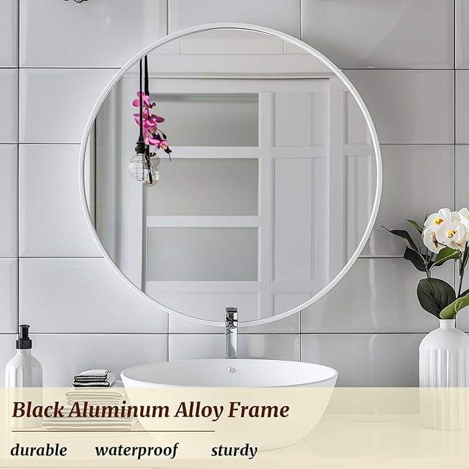 White Round Mirror 18 inch, White Circle Mirror, Bathroom Mirror, Round Wall Mirrors for Living Room, Bathroom, Hallway.