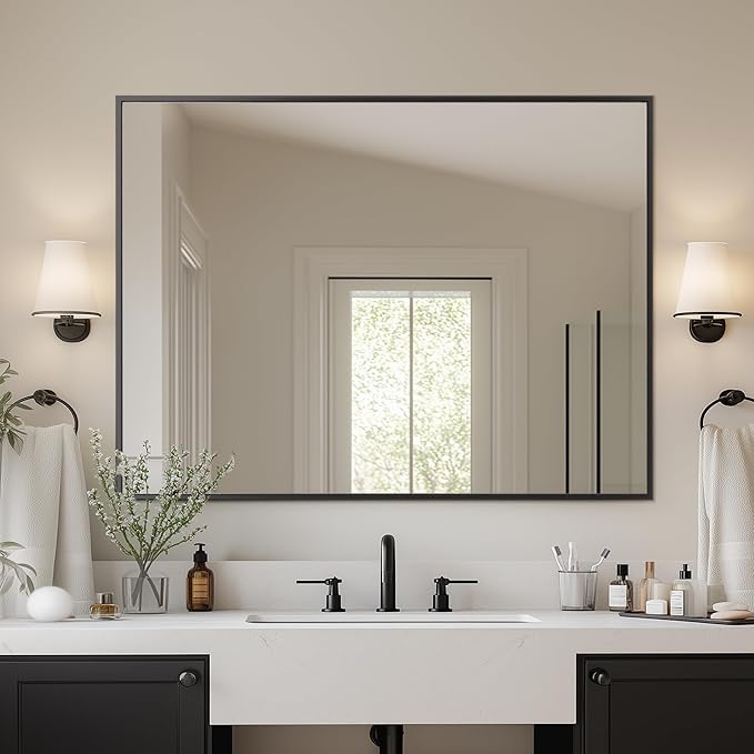 Antok 40x30 Black Metal Framed Bathroom Mirror, Wall Mirror with Rect Corners, Vanity Mirror for Over Sink, Anti-Rust Tempered Glass, Horizontal/Vertical Hanging for Bathroom, Living Room, Entryway