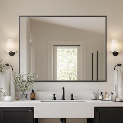 Antok 40x30 Black Metal Framed Bathroom Mirror, Wall Mirror with Rect Corners, Vanity Mirror for Over Sink, Anti-Rust Tempered Glass, Horizontal/Vertical Hanging for Bathroom, Living Room, Entryway