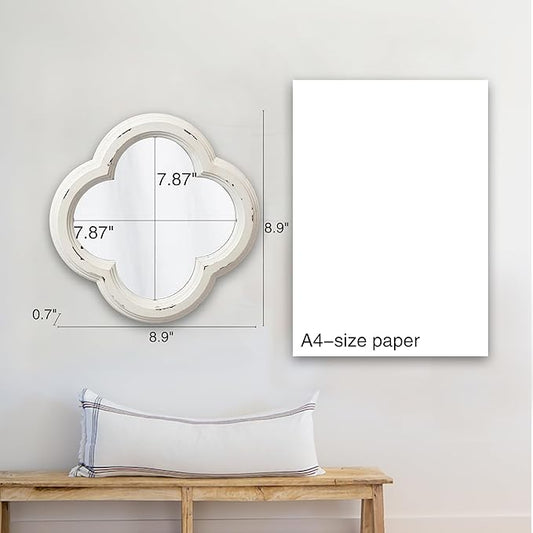 Vintage Small Scalloped Wall Mirror Decorative 8.9 inch, Hanging Distressed White Rustic Quatrefoil Wooden Mirrors for Wall Decor Living Room, Farmhouse Clover Shape Floral Mirror