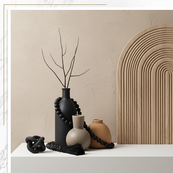 5 Pieces Country Style Ceramic Vase Set Table Centerpieces for Living Room 3 Pcs Bohemian Style Ceramic Vases with Wood Knot Chain Rings, Wooden Bead Garland Tassel Table Decor(Black)