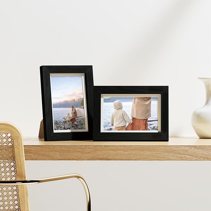 Vittanly 4x6 Picture Frames Set of 9, Display 3.5x5 Pictures with Mat or 4x6 without Mat, Photo Frames for Wall or Tabletop with Plexiglass, Engineered Wood, Black&Brown&Dark Grey