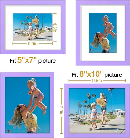 Vittanly 8x10 Picture Frames Set of 9, Shatter Resistant Plexiglass, Display 5x7 Pictures with Mat or 8x10 without Mat, Photo Frames for Wall or Tabletop, Engineered Wood, Purple