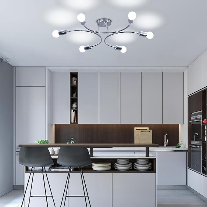 FRIXCHUR 6-Light Sputnik Chandelier, Sliver Mid-Century Modern Semi Flush Mount Ceiling Light, Metal Fixture with E26 Sockets for Bedroom, Living Room, Kitchen (Bulbs Not Included)