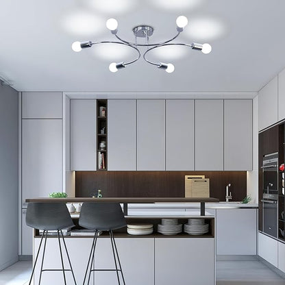 FRIXCHUR 6-Light Sputnik Chandelier, Sliver Mid-Century Modern Semi Flush Mount Ceiling Light, Metal Fixture with E26 Sockets for Bedroom, Living Room, Kitchen (Bulbs Not Included)