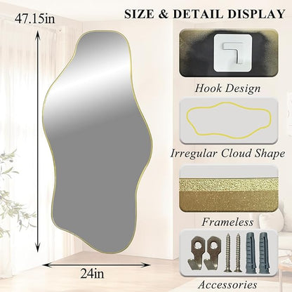 Gold Irregular Mirror, 47.2"x24" Asymmetrical Tempered Glass Mirror, Modern Abstract Frameless Wall Mirrors for Living Room Bedroom Hallway Entryway, Hangs Vertically or Horizontally