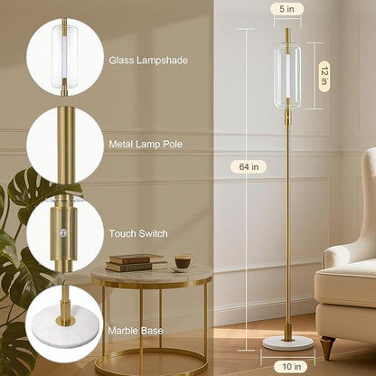 KIVDITZO Dimmable Glass Floor Lamps for Living Room, Modern Standing Floor Lamp with Glass Lampshade, Marble Base, 64" Tall Lamp with Touch Switch for Bedroom Office Living Room