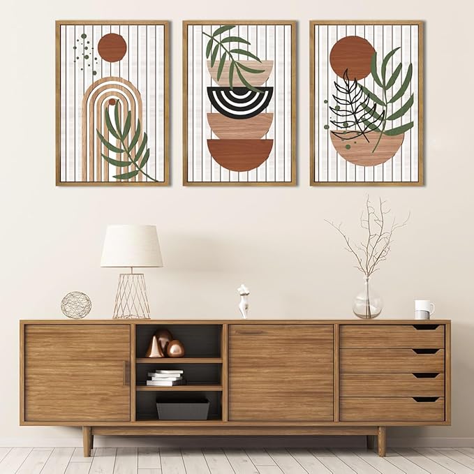 DRACIT Large Boho Mid century Wood Framed Canvas Wall Art Set,Modern Neutral Bohemian Wooden Wall Decor,Minimalist Abstract Geometric Leaf Wall Sculptures for Living Room,Bedroom,Office-16 x24×3
