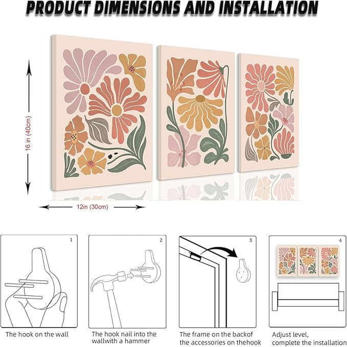 TBKHUDBI Boho Flower Canvas Wall Art Abstract Floral Pictures Prints Set of 3 Minimalist Botanical Painting Poster Flower Market Aesthetic Wall Decor for Living room Bedroom 12"x16" Framed