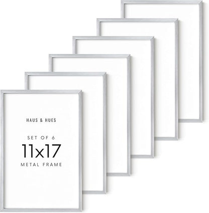HAUS AND HUES 11x17 Silver Metal Picture Frames - Features Premium Aluminum, Vertical & Horizontal Hang, Shatterproof Plexiglass - Perfect for Home, Room, Office (11x17 in, Silver, Set of 6)
