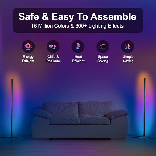 2 Pack Corner Floor Lamp – 57'' Tall RGB Lamp Modern Mood Lighting with 88 LEDs, Bluetooth App Control, and Sturdy Base for Effortless Setup