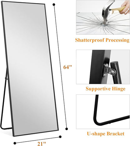 NeuType Full Length Mirror, 64"x21" Body Mirror with Stand Floor Standing Wall-Mounted Hanging or Leaning Against Wall Aluminum Alloy Thin Frame (Black)