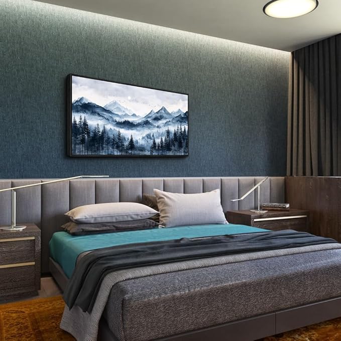 ERQINHUA Black Framed Canvas Wall Art For Bedroom Large Wall Decorations For Living Room Modern Office Mural Misty and Fog Forest Painting Mountain Landscape Pictures Artworks Home Decor 20x40 In