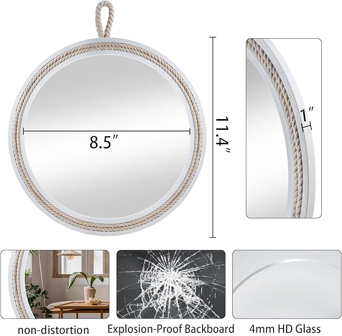 Small Decorative Mirror 11.4'' Round Hanging Mirror for Wall Nautical Rope Mirror for Bathroom Office Living Room All Occasions, White Accent 2