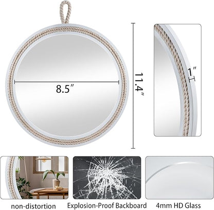 Small Decorative Mirror 11.4'' Round Hanging Mirror for Wall Nautical Rope Mirror for Bathroom Office Living Room All Occasions, White Accent 2