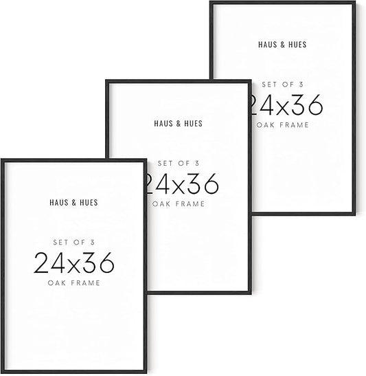 HAUS AND HUES 24x36 Black Oak Frame Set of 3 - Wooden Wall Display, Rustic Poster Holders