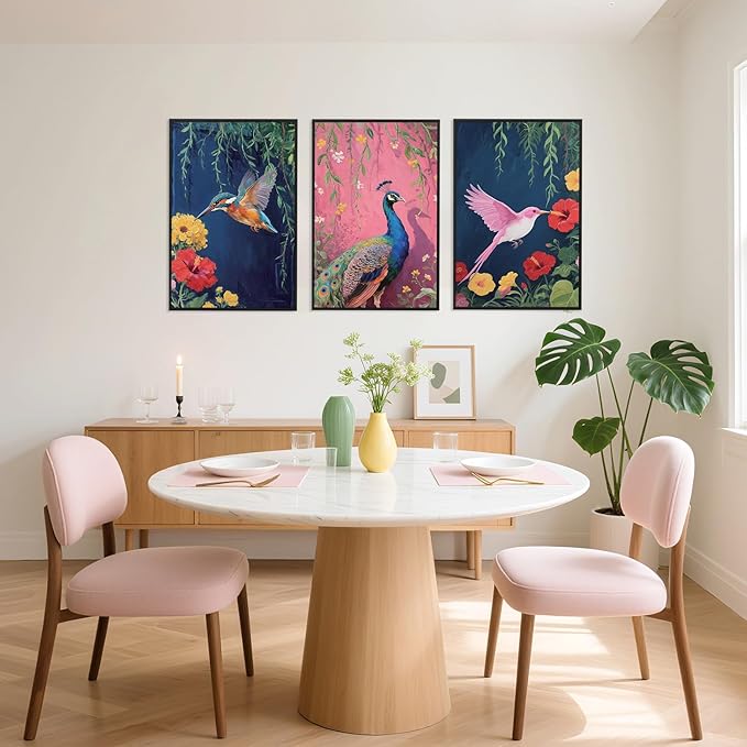 Aurlan Colorful Birds Flowers Framed Wall Art(16"x24"), 3PCS Large Classic Elegance Hummingbird Peacock Canvas Artwork, Vintage Abstract Watercolor Peony Floral Willow Decor for Home Office Bedroom