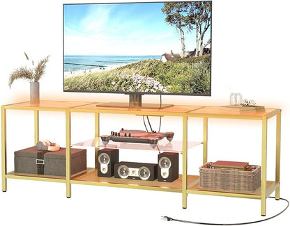 HOOBRO TV Stand with LED Lights and Power Outlets for TVs up to 75", Modern 63 Inch Tempered Glass TV Console Table with Open Shelves, Media Entertainment Center for Living Room, Gold GD165UDS01