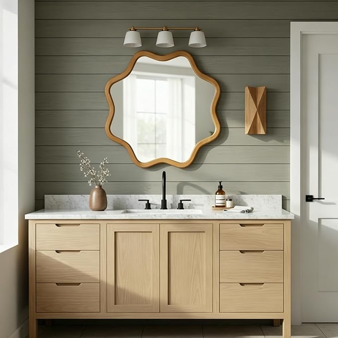 ZIYOO Star Shaped Wall Mirror, Natural Wood Grain Scalloped Edge Decorative Mirror, Boho Accent Mirror for Entryway Bathroom Living Room Bedroom (Wood,28")
