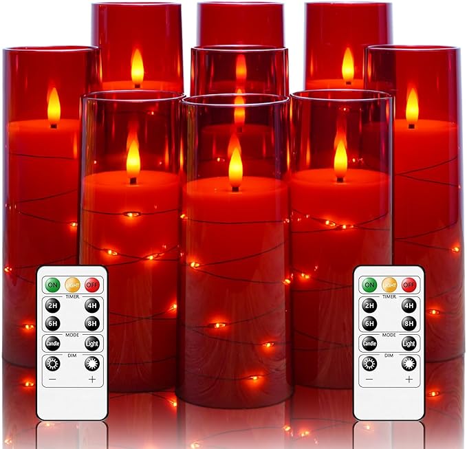 kakoya Flameless LED Candles with Timer 9 Pc Flickering Flameless Candles for Romantic Ambiance and Home Decoration Stable Acrylic Shell,with Embedded Star String，Battery Operated Candles（Red）