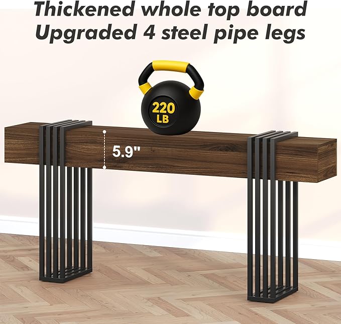 knoworld 71 Inch Long Console Table, Extra Thick Industrial Sofa Table Behind The Couch Rectangular Entryway Table for Entrance Hallway Living Room, Entire top Board & 4-Pipe Legs, Walnut