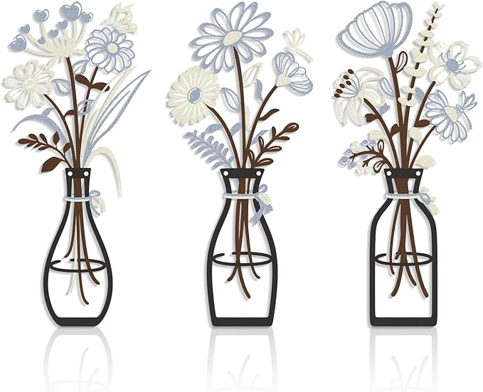 Iron Metal Vase Flower Wall Art Minimalist Black Floral Decor for Living Room Bedroom Kitchen, Office Garden - Modern Farmhouse Home Decor & Housewarming Gifts (Beige-Blue No Text)