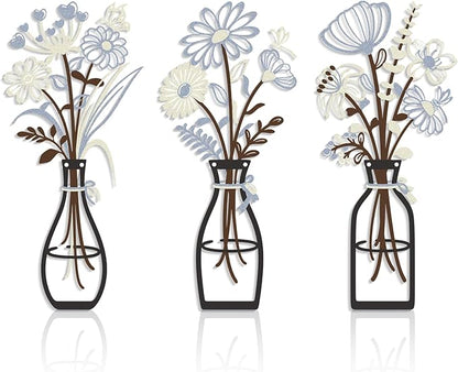 Iron Metal Vase Flower Wall Art Minimalist Black Floral Decor for Living Room Bedroom Kitchen, Office Garden - Modern Farmhouse Home Decor & Housewarming Gifts (Beige-Blue No Text)