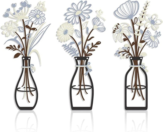 Iron Metal Vase Flower Wall Art Minimalist Black Floral Decor for Living Room Bedroom Kitchen, Office Garden - Modern Farmhouse Home Decor & Housewarming Gifts (Beige-Blue No Text)