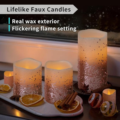 FURORA LIGHTING Pink Glitter Flameless Candles - Real Wax, Adjustable Brightness, Remote & Timer - 4 Pillars (3x4, 3x6) and 4 Votives, 8-Pack, Battery Operated