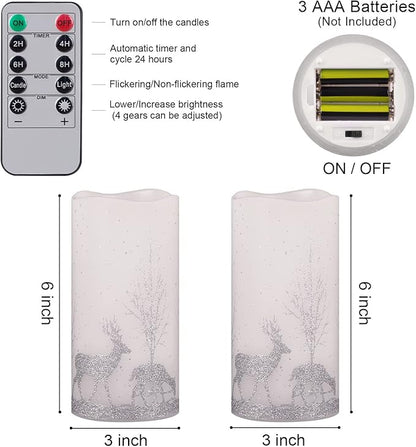 2Pack Christmas LED Flameless Candles Flickering, Battery Operated Wax Candles with Timer Remote, Realistic Pillar Candles with Forest Deer Decal for Home Decorations Christmas Gifts [Silver, 3"X6"]