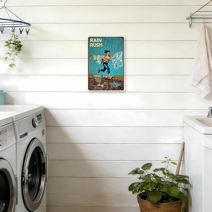 Rain Rush Laundry Vintage Tin Sign Funny Sarcastic Retro Housewife Design Mom Laundry Room Wall Decor 12x8 Inch