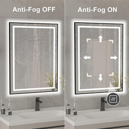20x28 inches Rectangular Aluminum Black Framed LED Mirror, Smart Bathroom Mirror with Lights, Anti-Fog, Tempered Glass, 3 Colors Dimmable, Front and Backlit, Wall Mounted, Memory