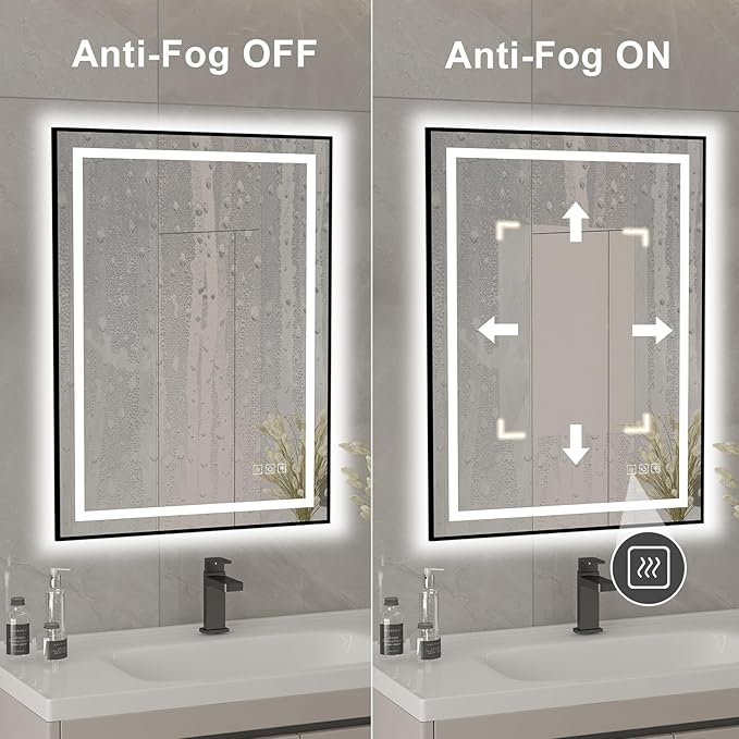 18x24 inches Rectangular Aluminum Black Framed LED Mirror, Smart Bathroom Mirror with Lights, Anti-Fog, Tempered Glass, 3 Colors Dimmable, Front and Backlit, Wall Mounted, Memory