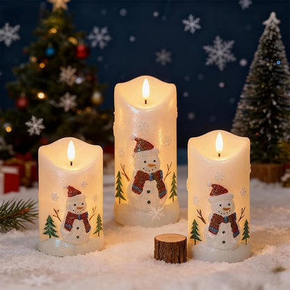 Snowman Flameless Candles Battery Operated with Remote and Timer Real Wax 3D Wick Flickering LED Pillar Candles Color Painted Carved Snowflake Christmas Holiday Decor(3" D x 5", 6", 7" H)