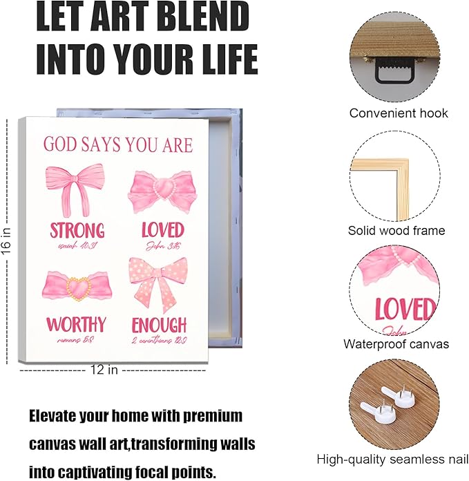JBZDD Christian Pink Bow Wall Art Set of 3 Inspirational Bible Verses Quotes Decor Posters Pictures Prints for Girls Room College Apartment Bathroom Bedroom Living Room12x16in Framed