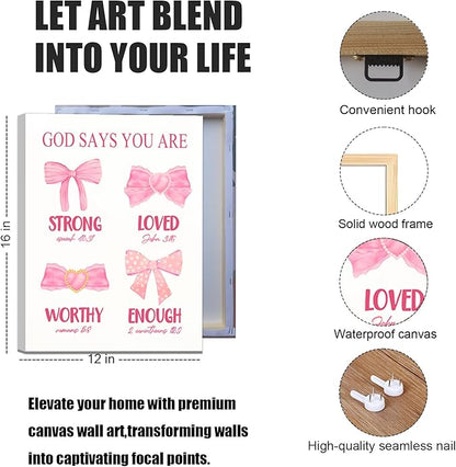 JBZDD Christian Pink Bow Wall Art Set of 3 Inspirational Bible Verses Quotes Decor Posters Pictures Prints for Girls Room College Apartment Bathroom Bedroom Living Room12x16in Framed