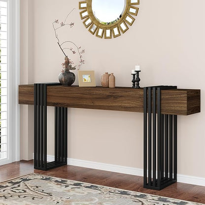knoworld 71 Inch Long Console Table, Extra Thick Industrial Sofa Table Behind The Couch Rectangular Entryway Table for Entrance Hallway Living Room, Entire top Board & 4-Pipe Legs, Walnut