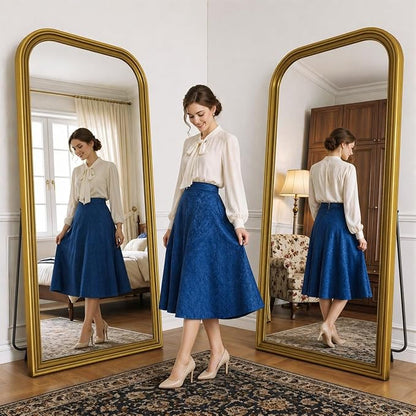Full Length Mirror with Stand, 71"x32" Full Body Mirror, Floor Length Mirrors Wall Mounted with Rounded Top, Large Standing Mirrors, PU Frame, for Bedroom Living Room Cloakroom, Antique Gold